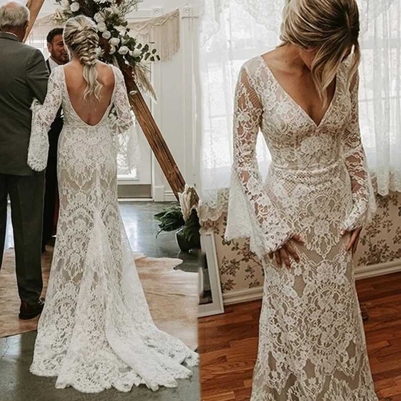 Vintage Lace Mermaid Beach Wedding Dress Long Flare Sleeves Sexy ...