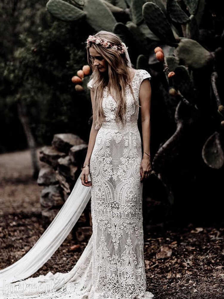 Vintage Lace Rustic Wedding Dresses Cap Sleeve Sheath Boho Wedding ...