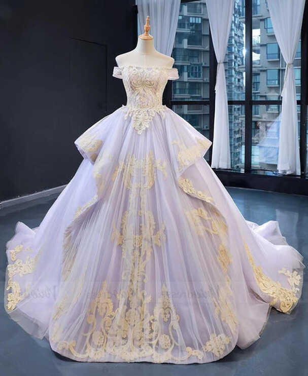 Vintage Lilac Princess Ball Gowns Gold Lace Quinceanera Dresses ...