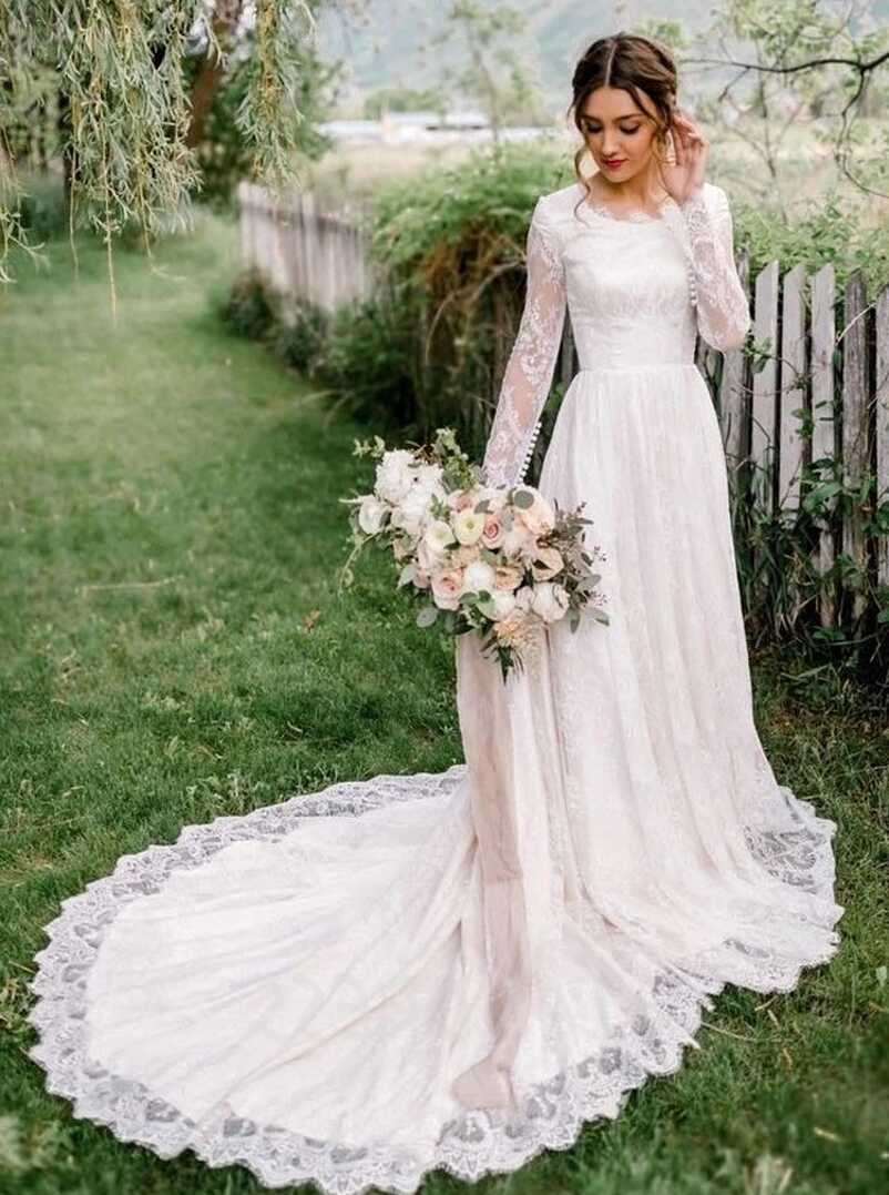 Vintage Long Sleeves Wedding Dresses,Modest Lace Bridal Dress ...