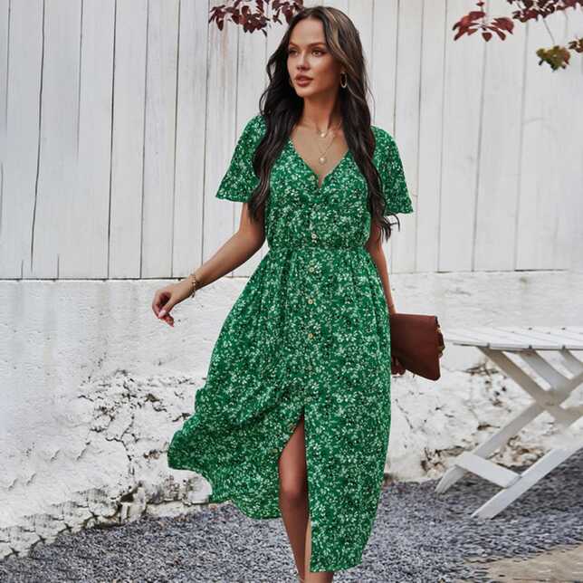 Vintage Maxi Floral Print Summer Dress Women Slim Casual High ...