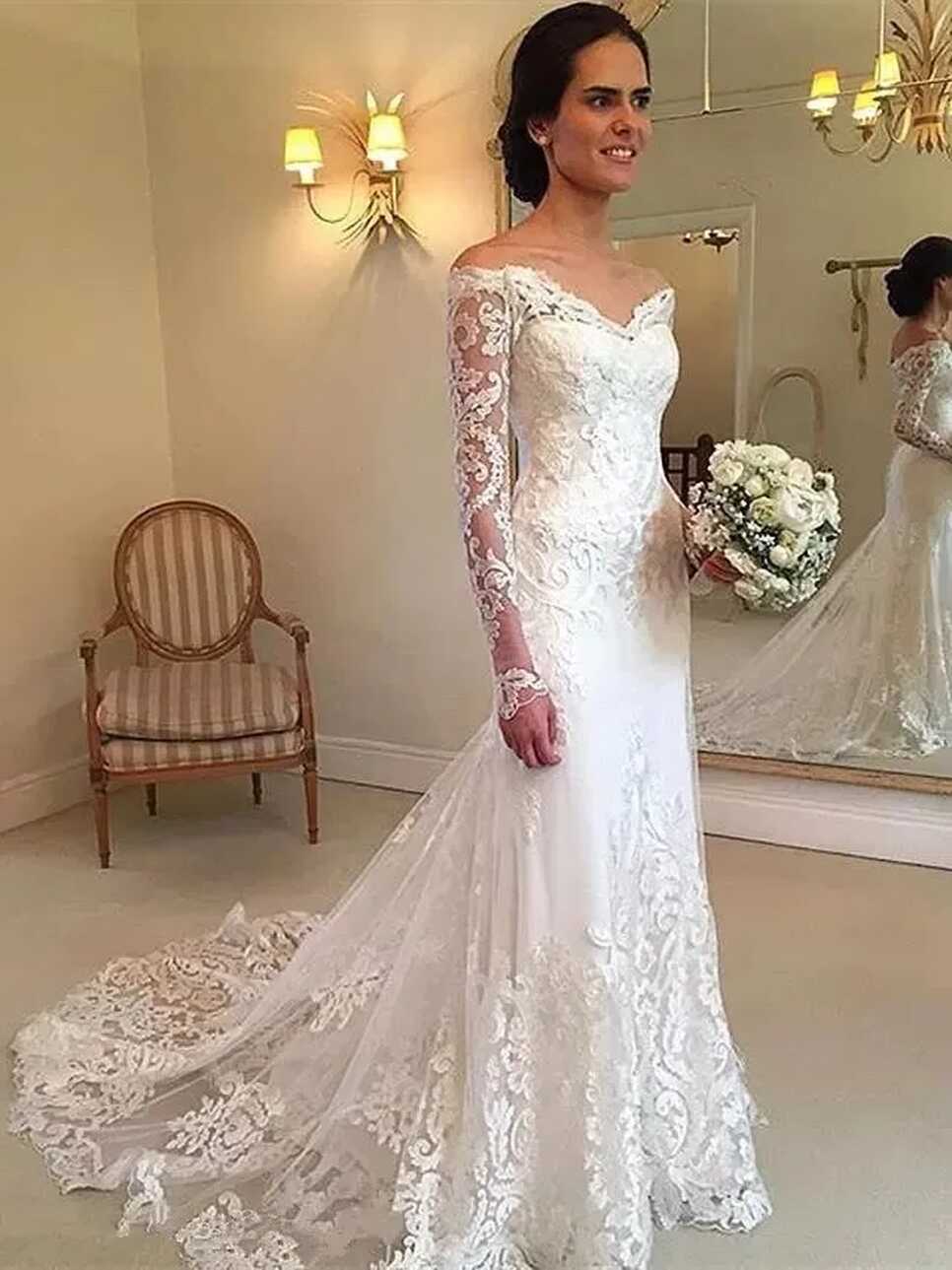 Vintage Mermaid Off-Shoulder Long Sleeves Wedding Dress Lace ...