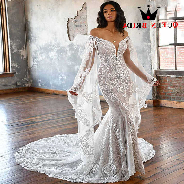 Vintage Mermaid V Neck Wedding Dresses Lace Appliques Long Sleeve ...