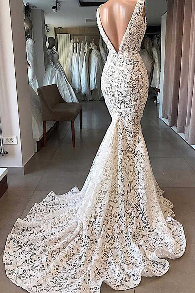 Vintage Mermaid V-neck Open Back Ivory Lace Wedding Dresses ...