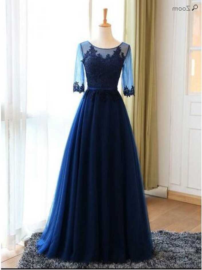 Vintage Navy Blue Jewel Neck Modest Blue Long Sleeve Prom Dress