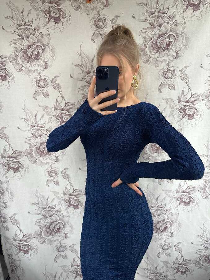 Vintage Navy Maxi Bodycon Dress, Blue Elegant Long Sleeve Dress ...