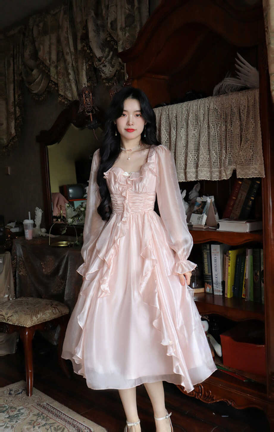 Vintage Party Midi Dress Women Pink Fairy Korean Style Sweet Dress ...