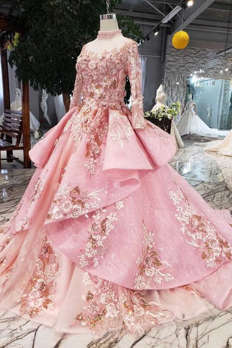 Vintage Pink High Neck Lace Up Princess Prom Dress Wedding Dress ...