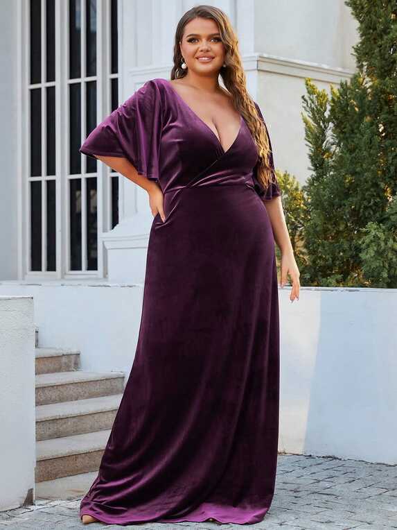 Vintage Plus Size Velvet V Neck Maxi Formal Evening Dress - Ever ...