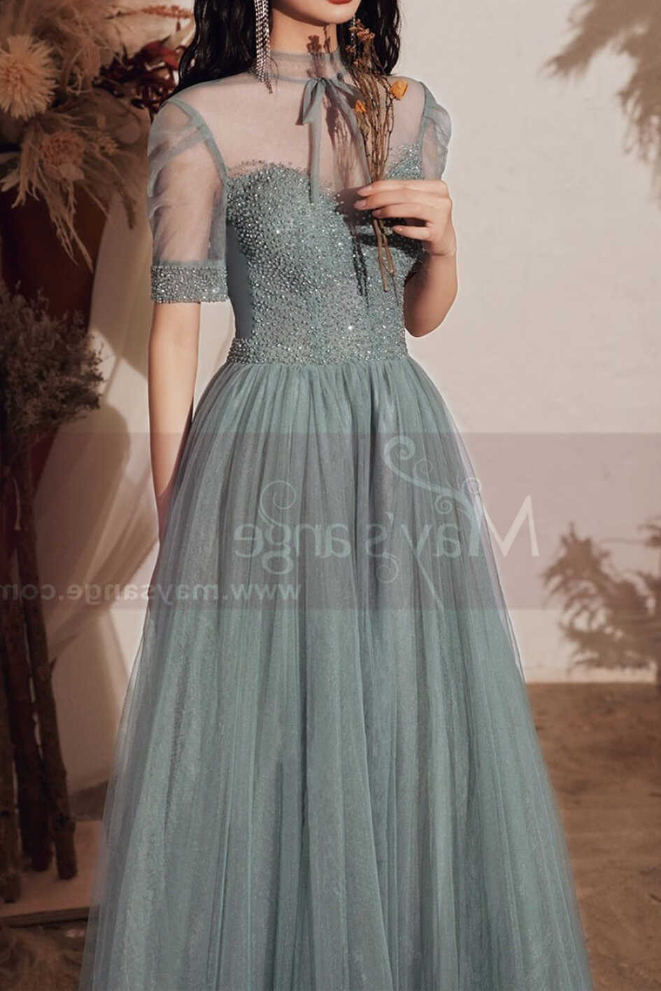 Vintage Prom Dresses With Sleeves And Sheer Top