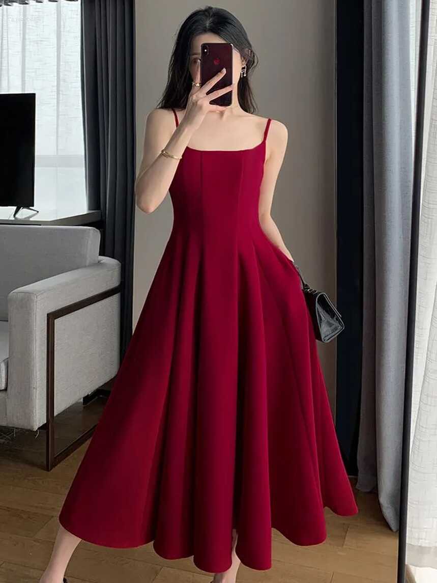 Vintage Red Spaghetti Strap Burgundy Dress Elegant And Sexy Casual ...