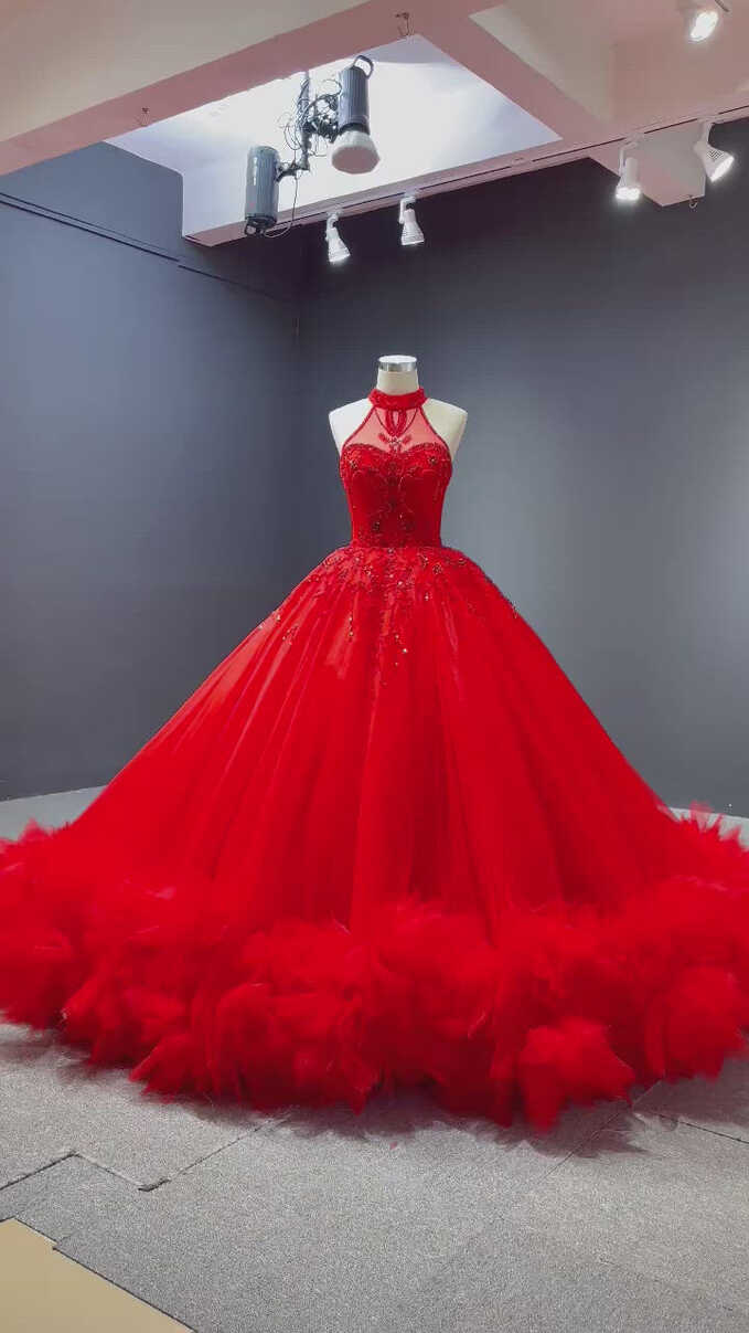 Vintage Red Tulle Wedding Gown Mock Neck Beaded Princess Dress ...