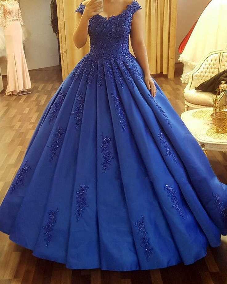 Vintage Royal Blue Satin Ball Gowns Wedding Dresses Lace Cap ...