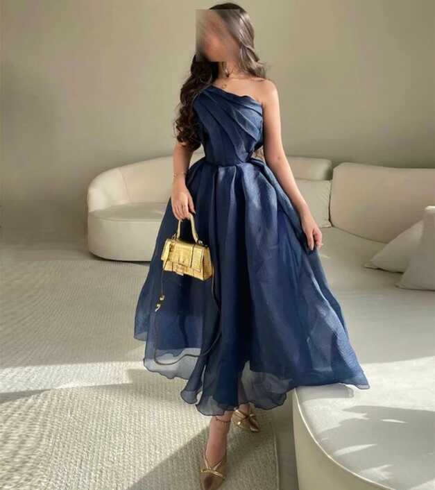 Vintage Short One Shoulder Navy Blue Prom Dresses with Pleats A ...