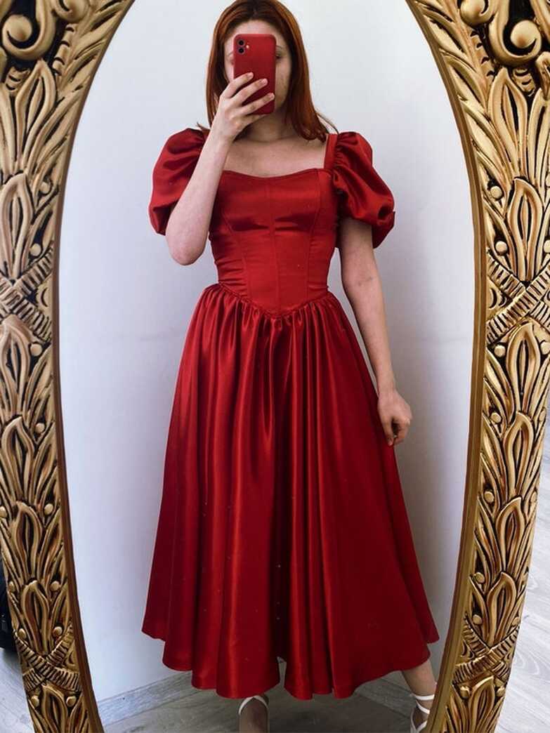 Vintage Style Red Satin Long Corset Dress/red Sleeve Corset Dress ...