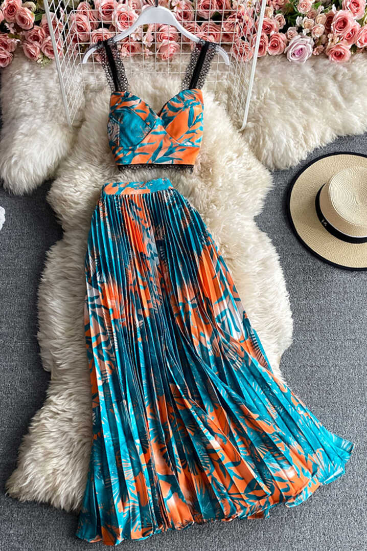 Vintage Two Piece Set, Boho Matching Crop Top and Maxi Pleated ...