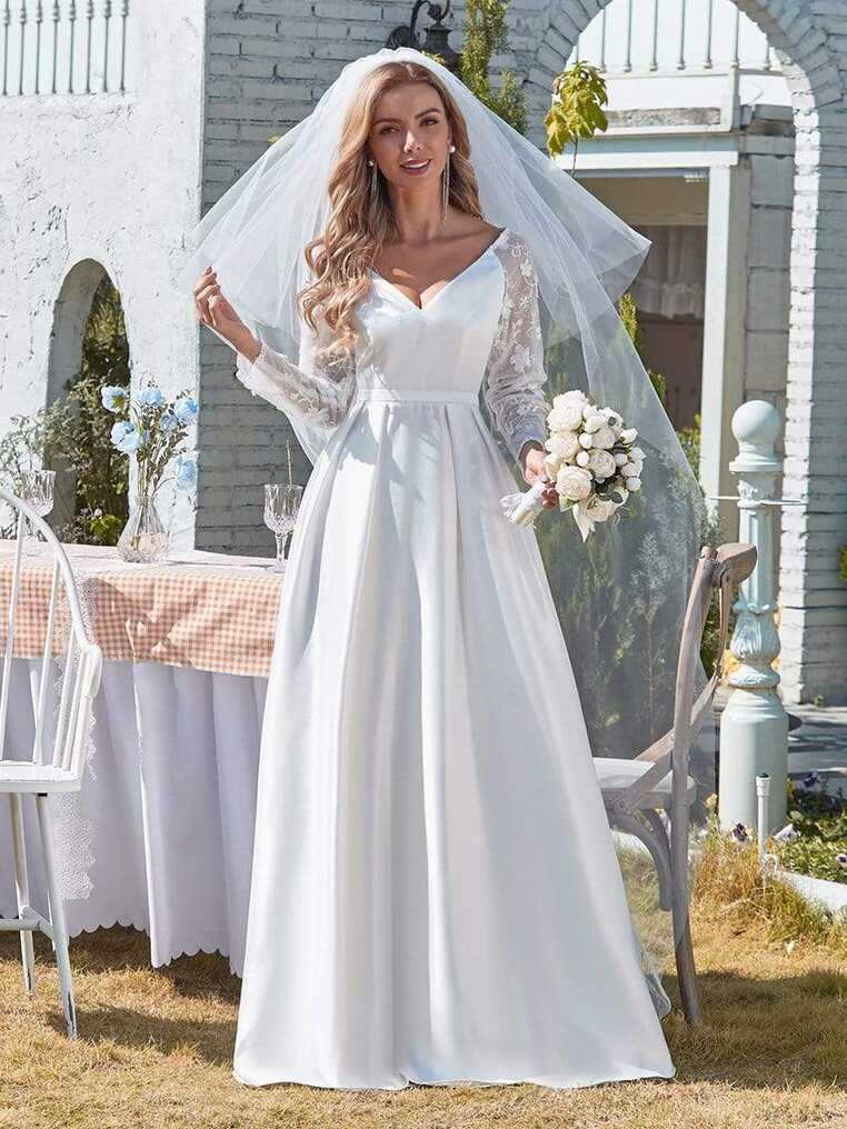 Vintage V Neck Long Lace Sleeves Simple White Wedding Dress