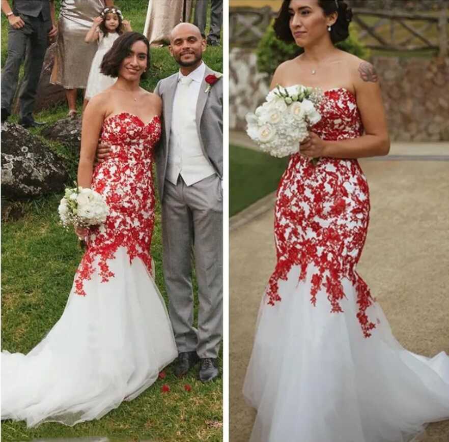 Vintage White And Red Mermaid Red Wedding Dresses Bridal Gowns ...