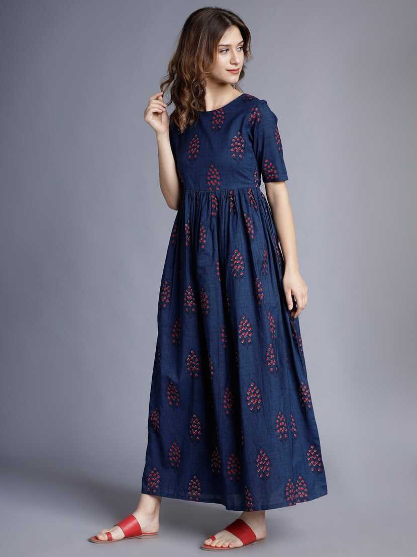 Vishudh Navy Blue Ethnic Motifs Printed Cotton Maxi Dress ...