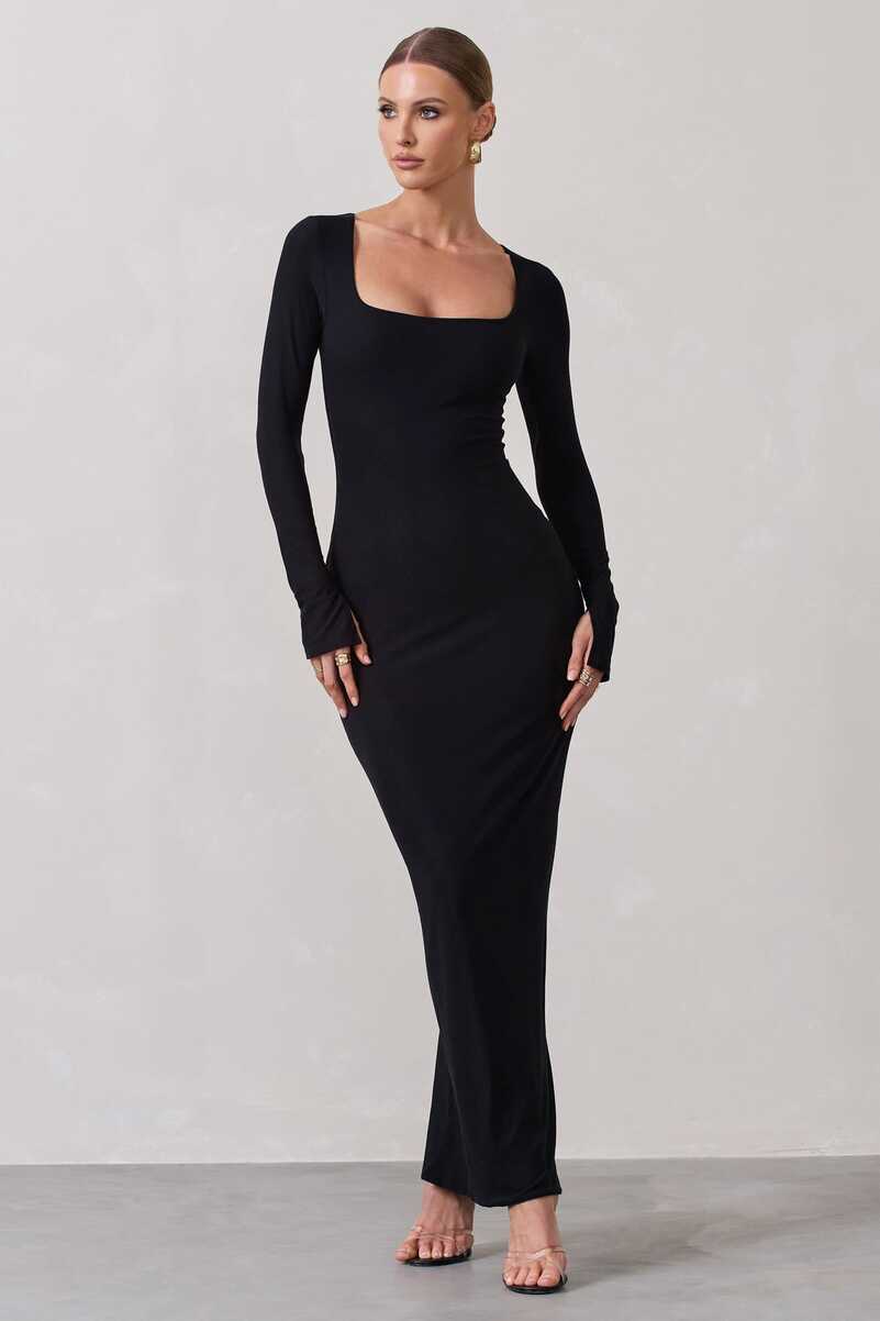 Viva Black Square-Neck Long-Sleeve Maxi Dress – Club L London - UK