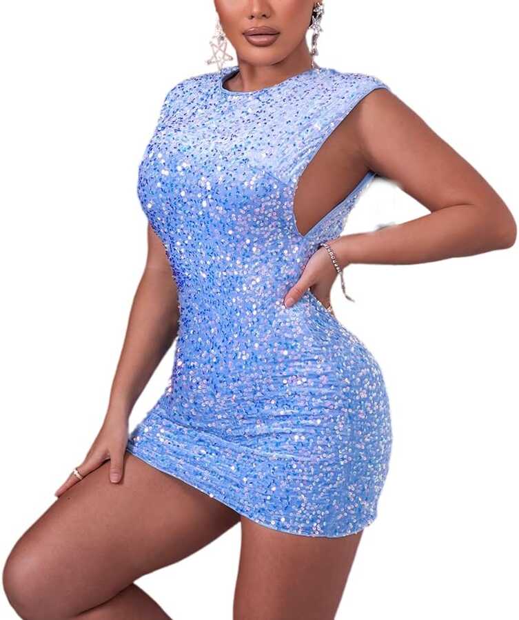 WEIIYONN Women Rhinestone Dress Sleeveless Sequin Bodycon Party ...