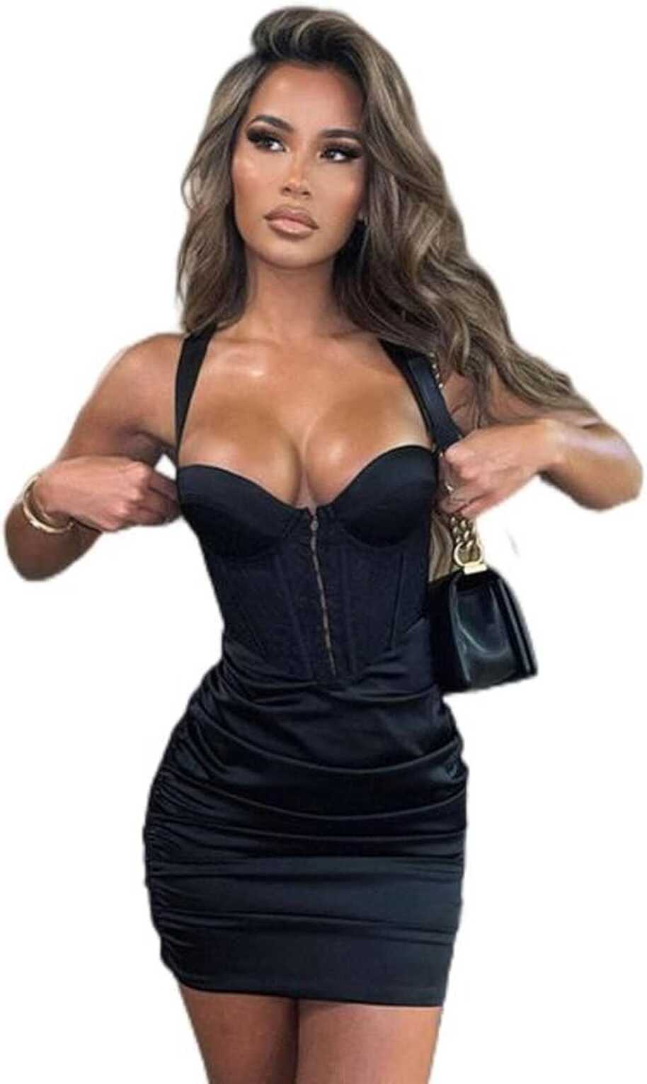 WEITING Fashion Satin Corset Ruched Mini Dress Women Sleeveless ...