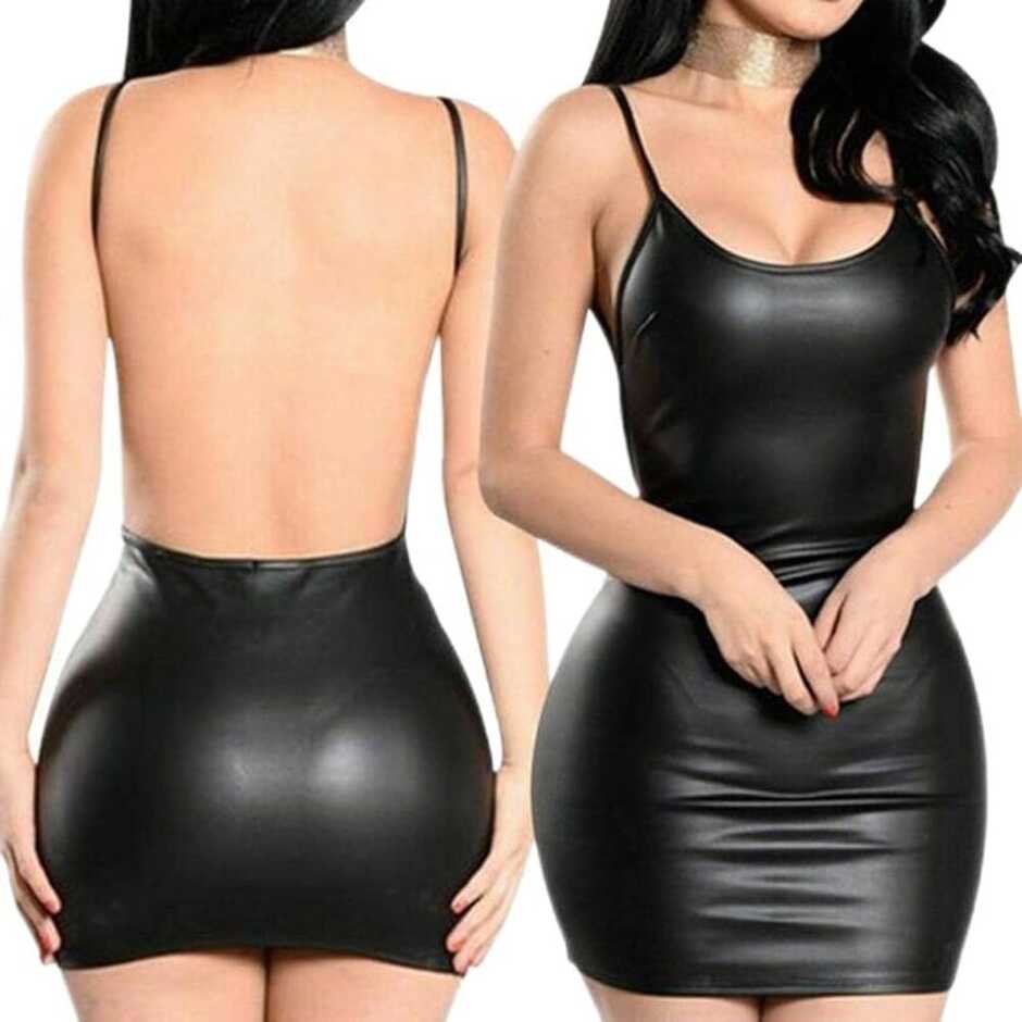 WEITING Sexy Faux Leather Dress Backless Club Party Short Dress ...