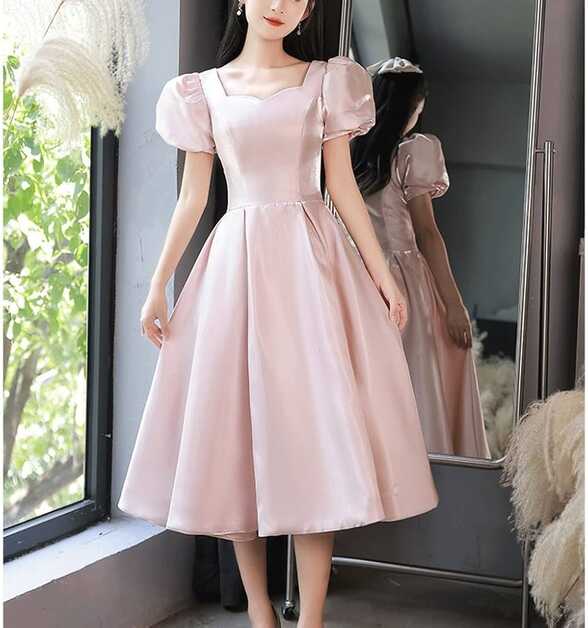 WENLII Pink Bridesmaid Dress French Style Simple Solid Mid-Length ...