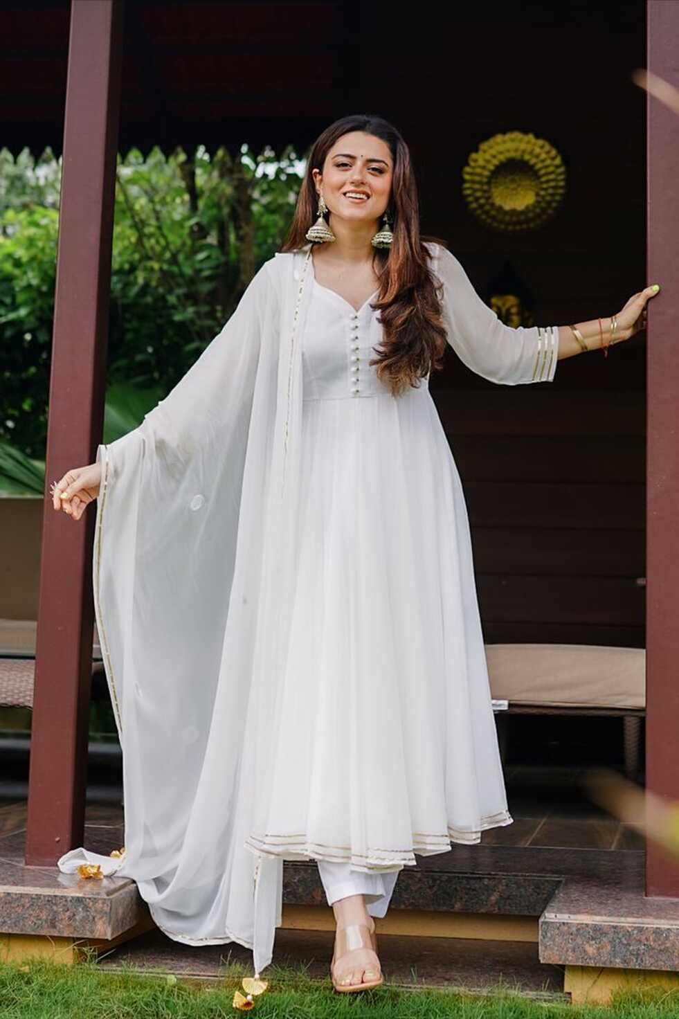 WHITE ANARKALI AND PANT WITH DUPATTA