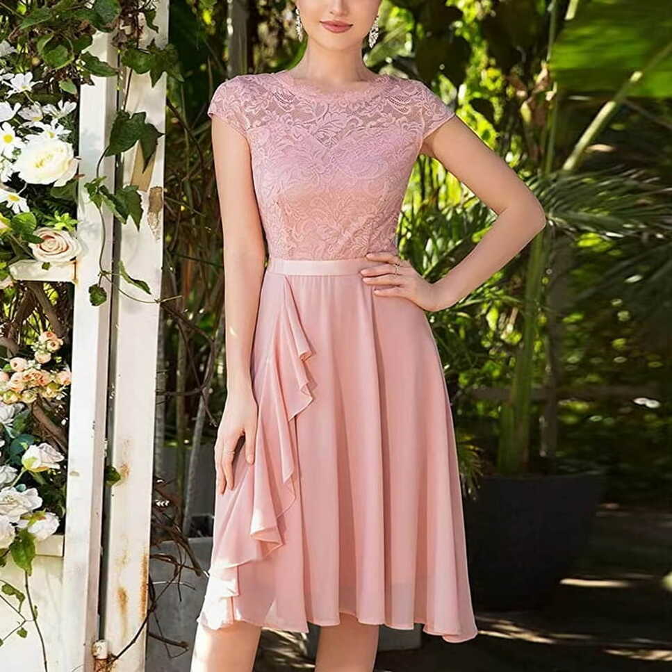 WHLBF Summer Dress for Women Vintage Floral Lace Chiffon Ruffles ...