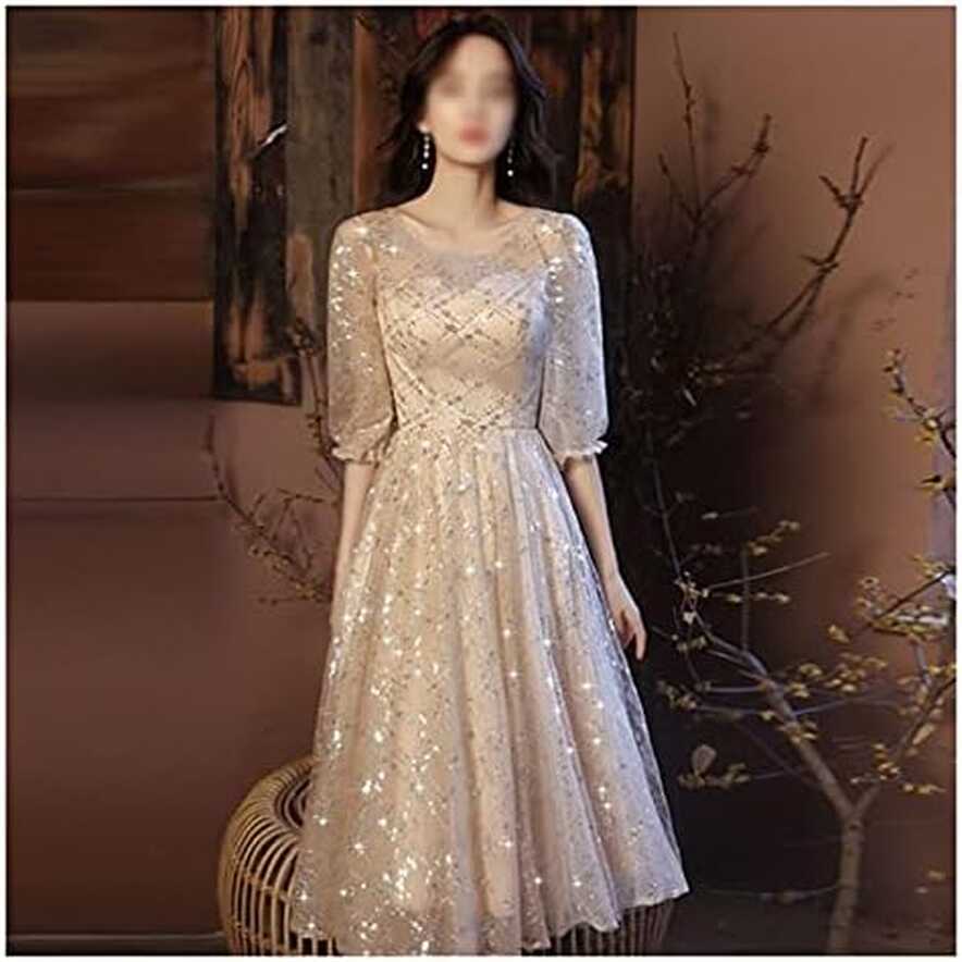 WPHPS Champagne Tea-length Lace Cocktail Dresses Elegant O-neck A ...