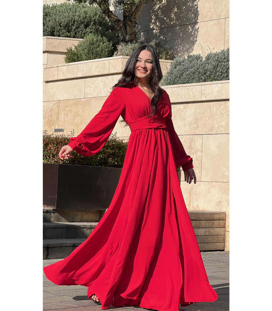 Waist Draped V Neck Maxi Dress Red