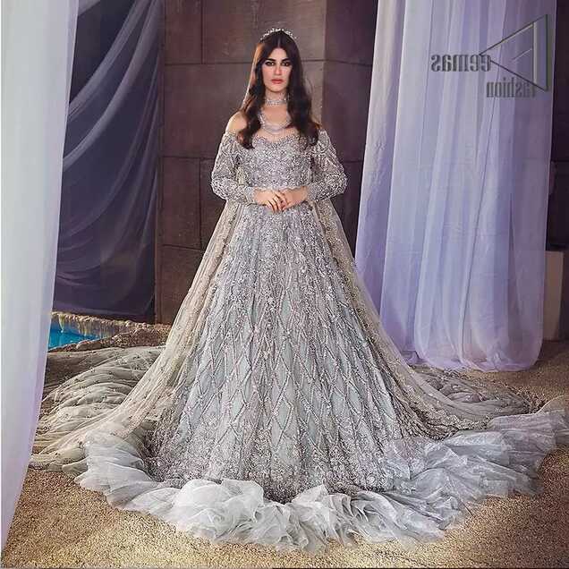 Walima Dress - Gray Frilled Maxi - D Shape Dupatta