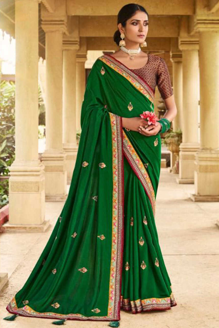 Wedding Dress Lace And Zari Work Silk Dark Green Indian Saree ...