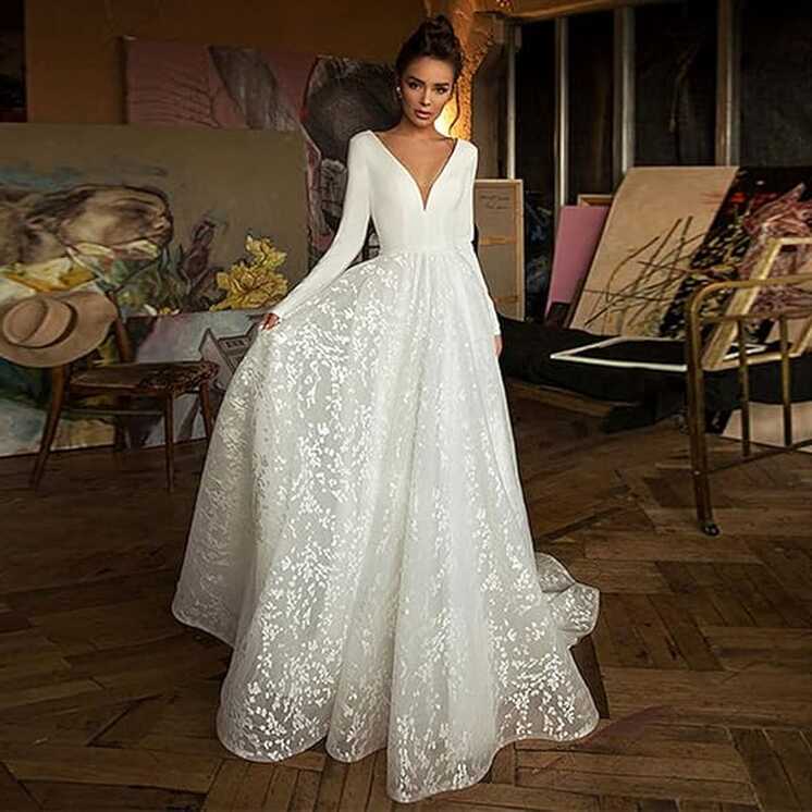 Wedding Dress Long Sleeve V-Neck Long Elegant Simple Lace ...