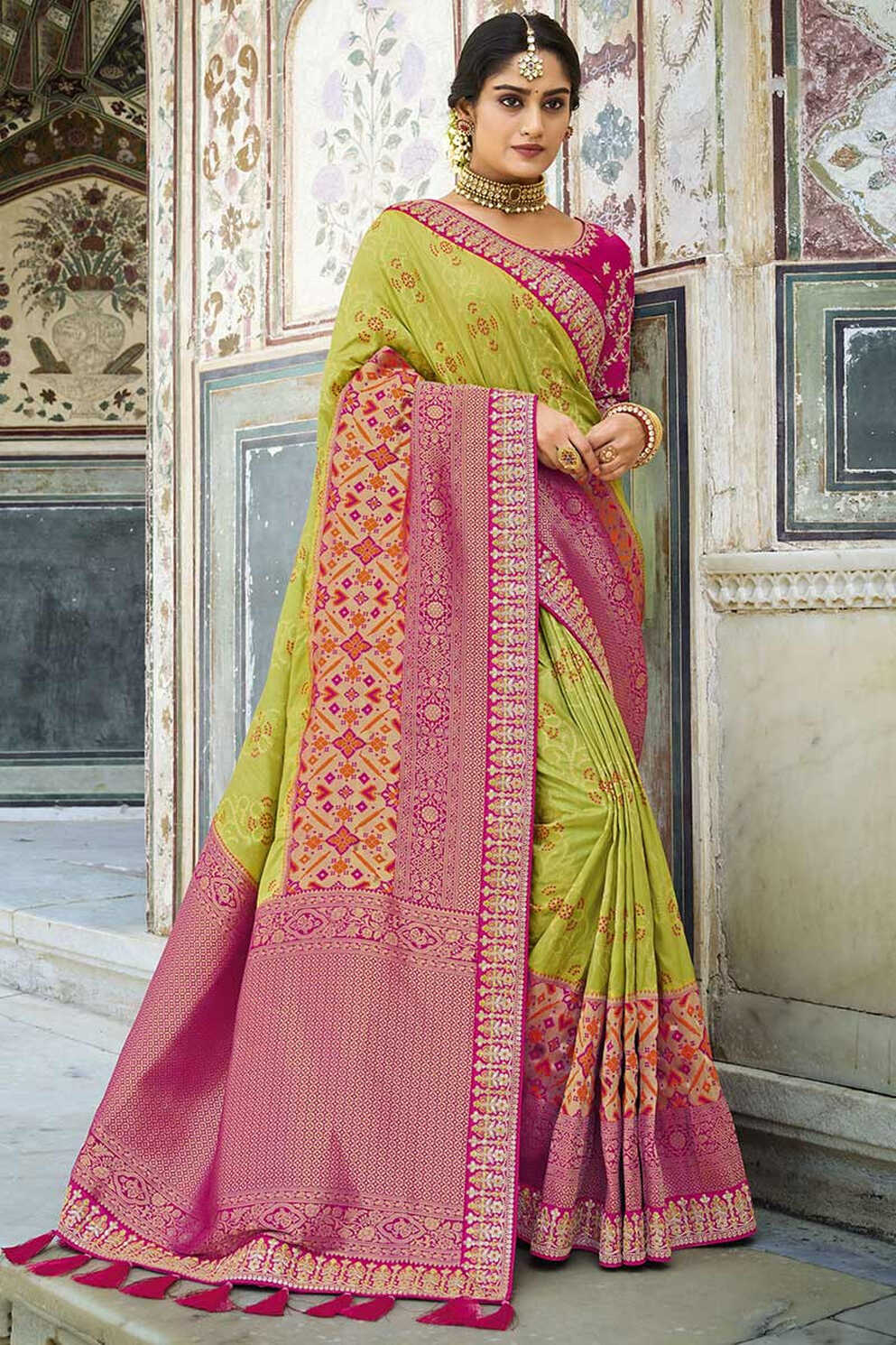 Wedding Dress Printed Silk Green Indian Saree|SARV122440