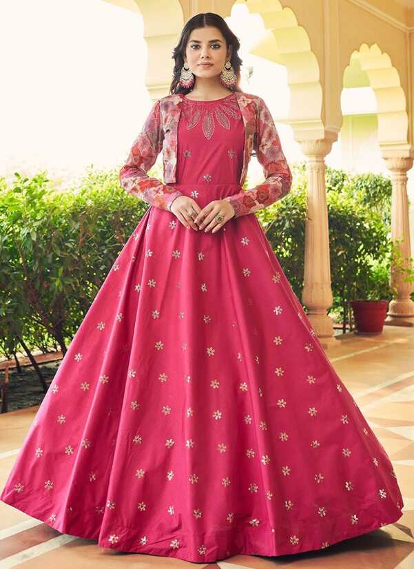 Wedding Special Embroidered Cotton Rani Pink Multi Koti Gown ...