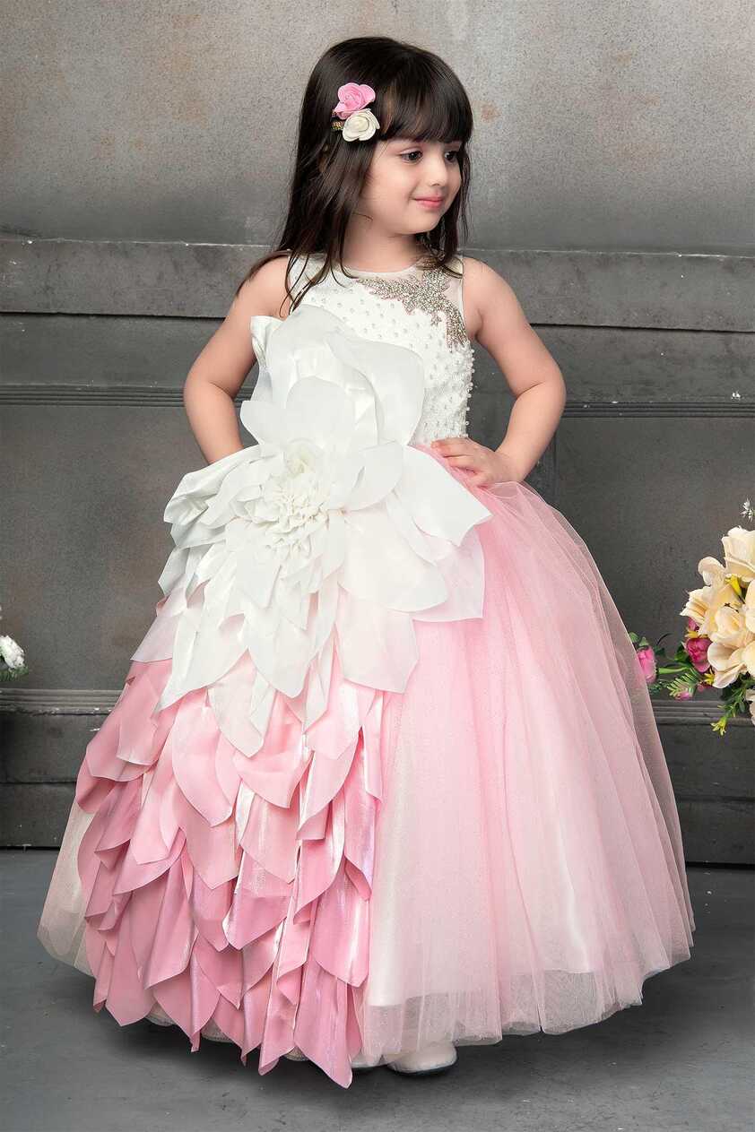 Whimsical White and Pink Party Wear Ballroom Gown – Lagorii Kids