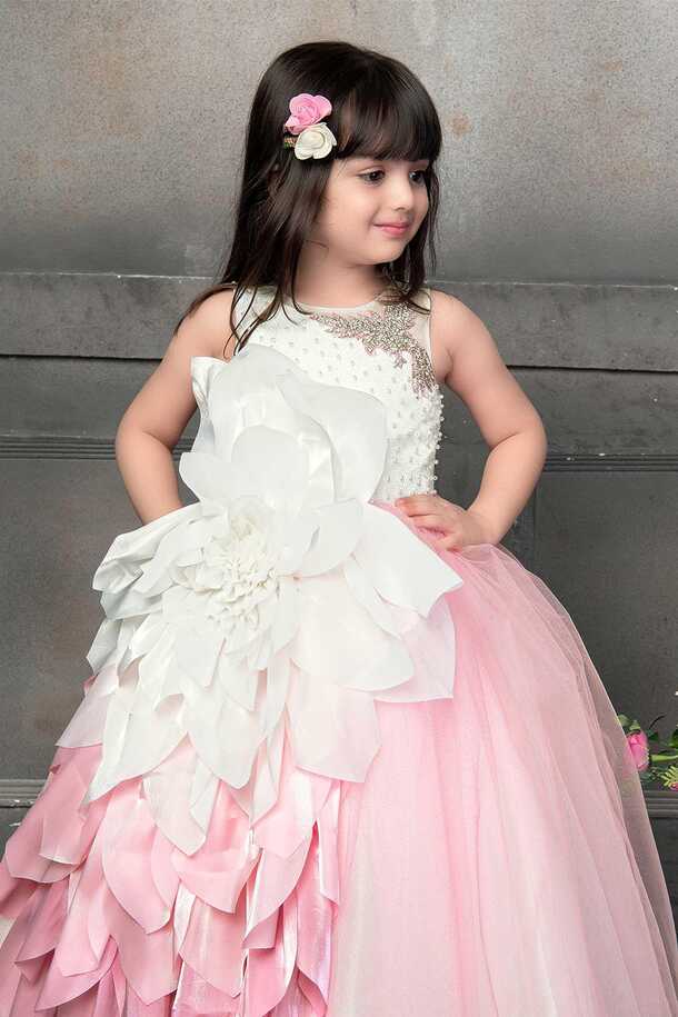 Whimsical White and Pink Party Wear Ballroom Gown | Lagorii Kids