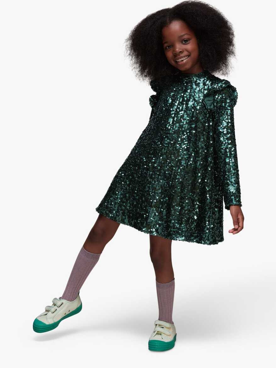 Whistles Kids&#39; Alma Sequin Dress, Dark Green