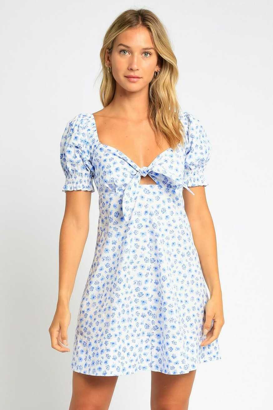 White &amp; Blue Floral Puff Sleeve Mini Dress | Boho Pink