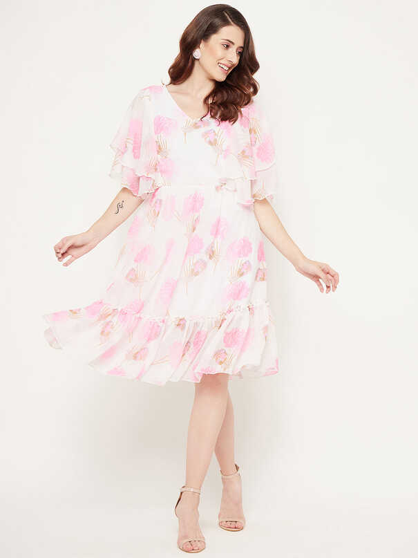 White &amp; Pink Floral Georgette Dress - BITTERLIME