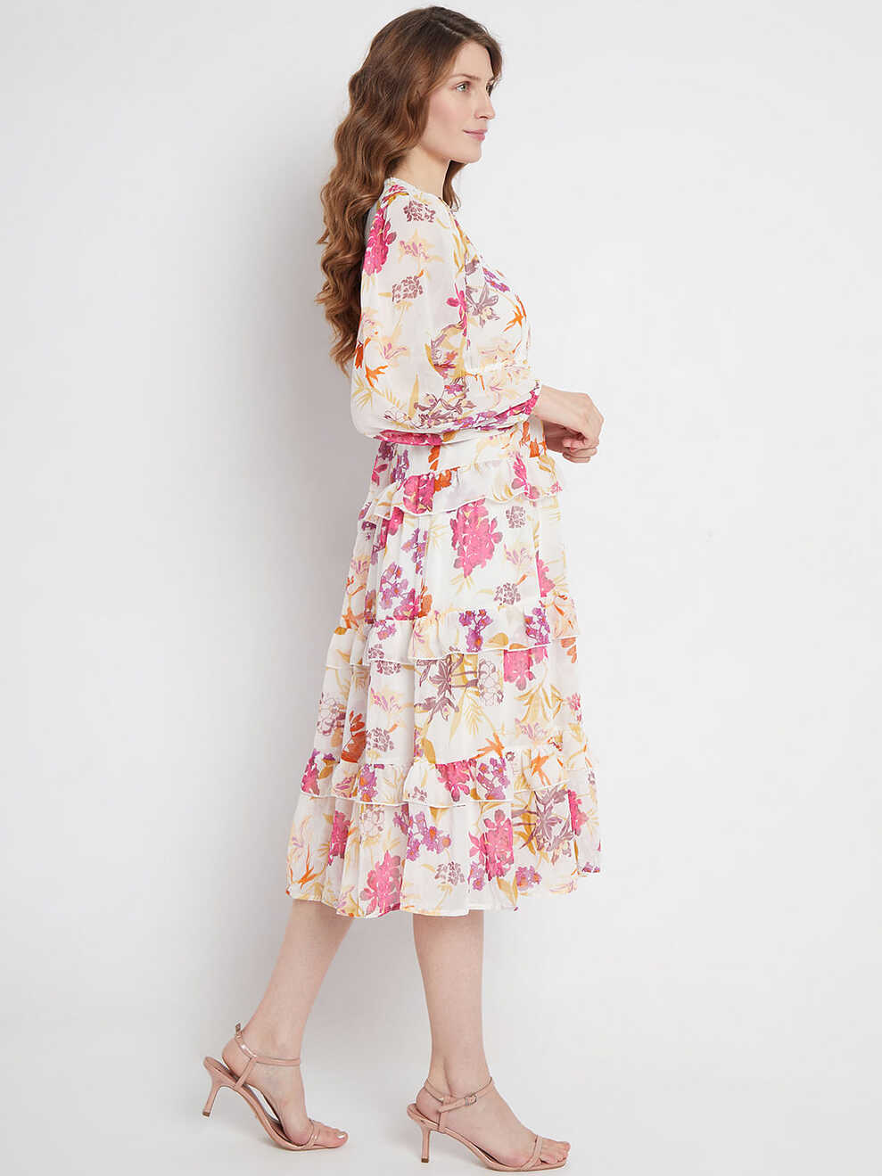 White &amp; Pink Floral Midi Dress