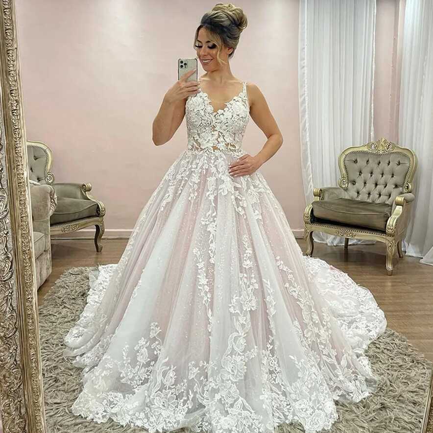 White &amp; Pink Wedding Dresses Sexy V Neck Lace Applique A Line ...