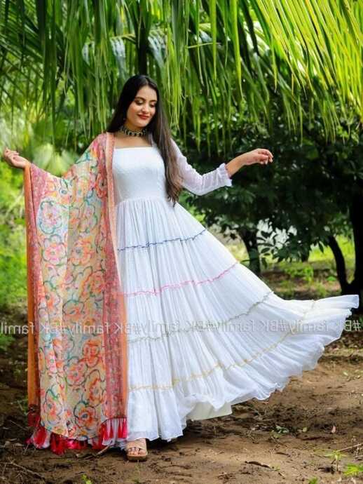 White Anarkali Gown With Dupatta - Evilato