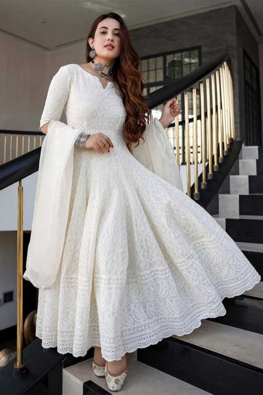 White Anarkali Kurti With Dupatta Set - Vatki Store - 4251225