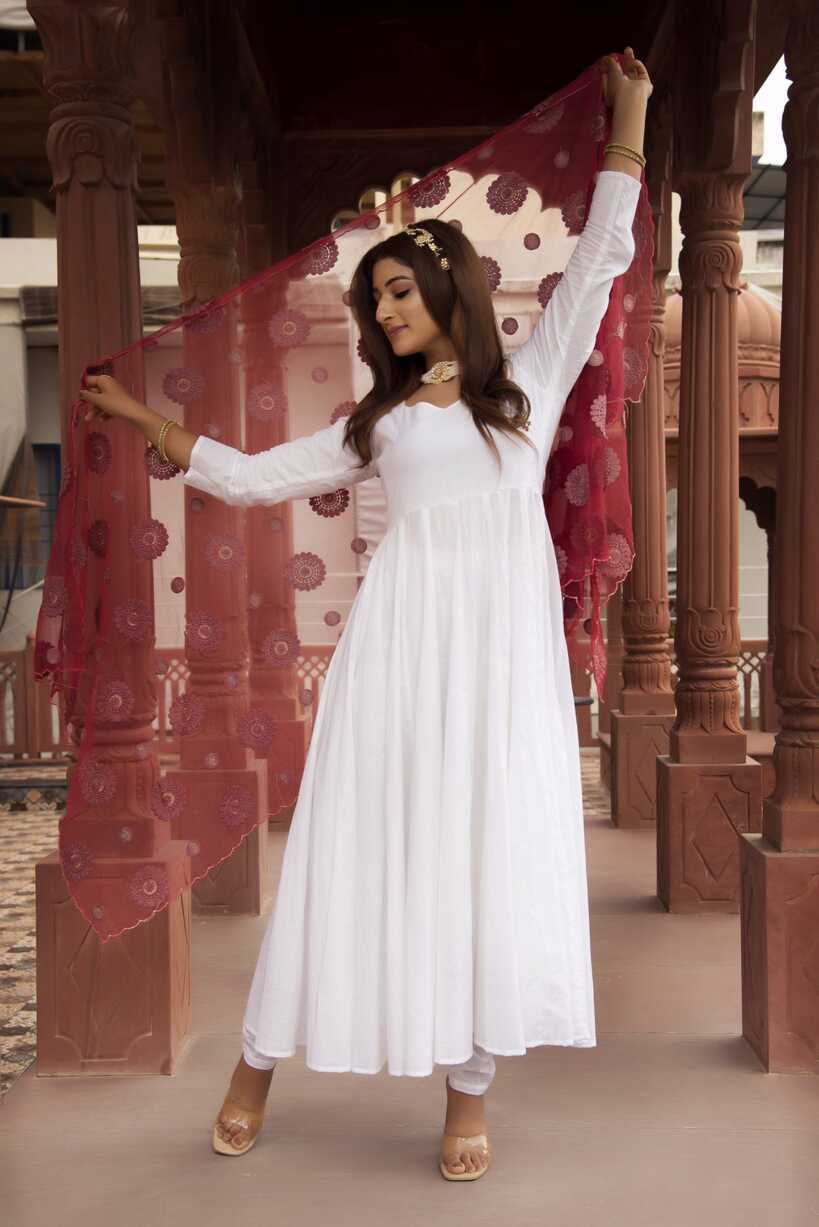 White Anarkali Suit Set with Maroon Embroided Dupatta