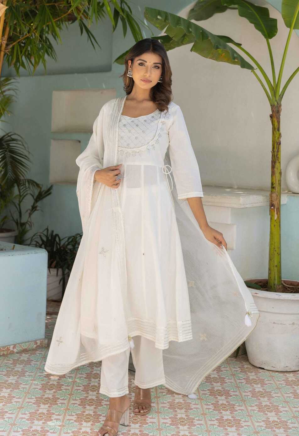 White Anarkali kurta with Matching Pant and Doriya Dupatta (3 pc set)