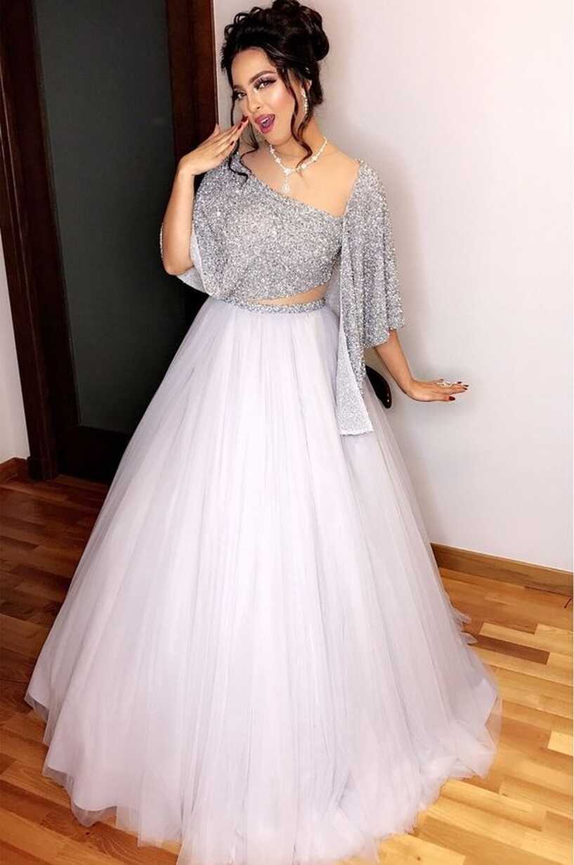 White And Silver Color Crop Top Skirt | Lehnga dress, Evening ...