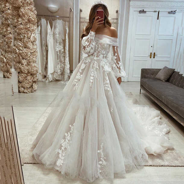 White Beach Wedding Dresses Removeable Puff Long Sleeves Tulle ...